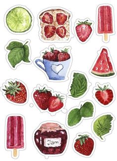 watercolor stickers with different fruits and vegetables on the top, including strawberries, lime