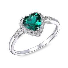 Make any day special with this gorgeous heart ring. Crafted in cool 10K white gold, this romantic choice features a 6.0mm heart-shaped lab-created verdant-green emerald wrapped in a frame of sparkling diamonds. Additional diamonds shimmer along the shank to complete this sweet style. Captivating with 1/10 ct. t.w. of diamonds and a brilliant buffed luster, this ring is certain to be adored. Formal Heart Cut Emerald Ring, Elegant Green Heart Ring For Valentine's Day, White Gold Heart Cut Emerald Ring, Elegant Heart Cut Emerald Ring For Anniversary, Elegant Heart Shaped Ring With Halo Design, Elegant Heart-shaped Ring With Halo Design, Elegant May Birthstone Heart Cut Ring, Elegant Heart Cut May Birthstone Ring, Elegant Green Sterling Silver Heart Ring