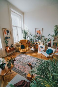 a living room filled with furniture and plants