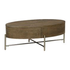 an oval coffee table with metal legs and a wooden top, viewed from the front