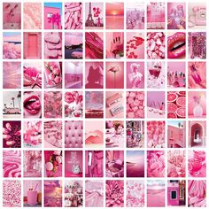 a collage of pink and white images