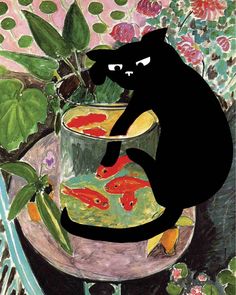 a black cat sitting on top of a pot filled with goldfish in water next to flowers