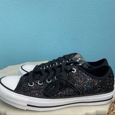 Converse Chuck Taylor Low All Star Black Glitter 10 Black Sporty Sneakers With Glitter Accents, Sporty Black Sneakers With Glitter Accents, Black Glitter Synthetic Sneakers, Black Glitter Lace-up Sneakers, Black Glitter Sneakers With Round Toe, Black Glitter Round Toe Sneakers, Casual Black Glitter Sneakers, Casual Low-top Sparkling Sneakers, Black Lace-up Sneakers For Party