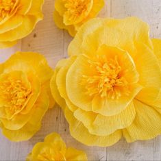 yellow flowers are arranged on a white surface