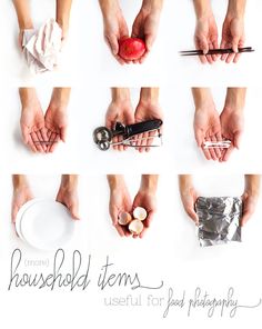 hands holding utensils and an apple with the words household items used for food photography