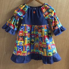 Rawr!  This 4t Peasant Style Monster Dress is made from featherweight denim and a soft, lightweight twill. Cute and fun for fall and winter! Denim Sleeves, Bright Dress, Peasant Style, Zara Kids, Peasant Dress, Size 4t, Too Cute