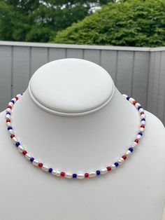 Red and Blue Seed Beads Freshwater Rice Pearls Show your American pride with colors Cute for a Memorial Day, July 4th, or whenever! Patriotic White Jewelry With Colorful Beads, Red White And Blue Jewelry, Red Patriotic Necklace For 4th Of July, Patriotic Blue Jewelry With Colorful Beads, Patriotic Round Beads Necklace As Gift, Patriotic Round Beads Necklace Gift, Patriotic Blue Round Bead Jewelry, Patriotic Multicolor Necklaces For Gifts, Adjustable Patriotic Red Necklace