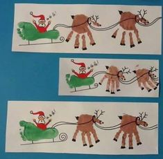 three stickers with santa riding on a sleigh and reindeers pulling him