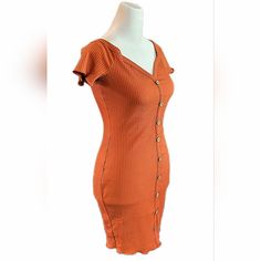 Beautiful Ribbed, Textured, Bodycon Dress With Button Accent Front. Wide V-Neck Can Be Worn Off The Shoulders. Cap Sleeve. Rust Orange, Color Perfect For Fall Layering! Spring Bodycon Mini Dress With Buttons, Spring Mini Bodycon Dress With Buttons, Casual Fitted Bodycon Dress With Button Closure, Casual Bodycon Dress With Buttons For Spring, Trendy V-neck Mini Dress With Buttons, Casual Spring Bodycon Dress With Buttons, Casual Bodycon Dress With Buttons, Spring Bodycon Dress With Buttons, Summer Knee-length Bodycon Dress With Button Closure