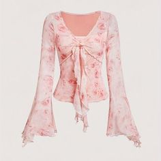 Gratis verzending, snellere after-sales dienst van Temu. Mode Rose, Flare Long Sleeve, Mesh Blouse, Extra Long Sleeves, Long Sleeve Tee Shirts, Look Vintage, Front Tie Top, Inspiration Mode, Tie Dye Print