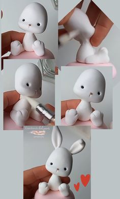 four different pictures of a white bunny holding a toothbrush in it's mouth