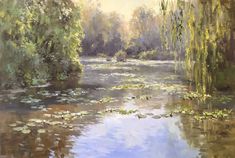 a painting of water lilies and trees