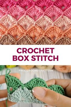 the crochet box stitch pattern is shown in pink, orange and green colors