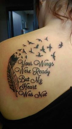 a woman with a tattoo on her shoulder that says, your wings were ready but my heart was not