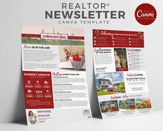 a red and white flyer for a realtor's newsiter canva template