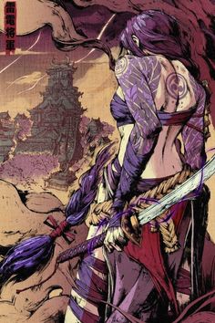 a woman with purple hair holding two swords