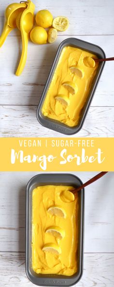 two pans filled with mango sorbet on top of a white wooden table