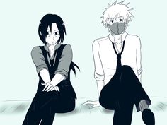 two anime characters sitting on the ground with their legs crossed and one is wearing a face mask