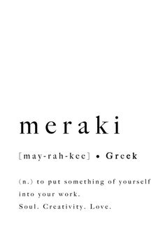 the words meraki are written in black and white