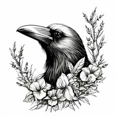 a black and white drawing of a crow surrounded by flowers