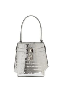 "Find GIVENCHY Shark Lock Bucket Bag In Metallic Croc-embossed Leather on Editorialist. Givenchy \"Shark\" bucket bag in metallic croc-embossed leather Top handle Detachable crossbody strap Can be worn as a top handle or crossbody bag Open top Exterior, signature padlock hardware Interior, one slip pocket Approx. 7.5\"H x 5.7\"W x 7.9\"D Made in Italy" Givenchy Shark, Holy Chic, Open Top, Crossbody Strap, Leather Top, Embossed Leather, Givenchy, Bucket Bag, Top Handle