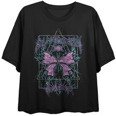 Transform your style with this Distressed Metal Butterfly crop t-shirt. The shirt features an image of a purple butterfly on a metal frame while violets surround the creature. The tee comes in a black short sleeve crop top. Butterfly fans will love this comfy crop tee. Purple Grunge T-shirt With Graphic Print, Purple Grunge Graphic Print T-shirt, Guts Tour, Clothing Wishlist, Purple Crop Top, Dream Outfits, Metal Butterfly, Short Sleeve Crop Top, Crop T Shirt