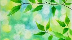 watercolor painting of green leaves on a branch with blue sky in the back ground