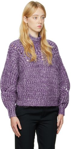 Rib knit super kid mohair-blend sweater. · Turtleneck · Laddering throughout Supplier color: Ultra violet Knitwear Inspiration, Sweater Turtleneck, Purple Sweater, Knitwear Women, Isabel Marant, Ultra Violet, Rib Knit, Apparel Accessories, Violet