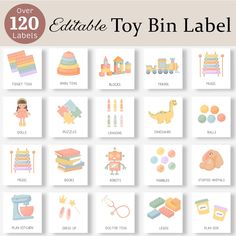 the printable toy bin label is shown in different colors and sizes, including toys