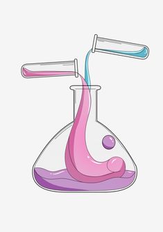 an illustration of a pink liquid being poured into a flask with two toothbrushes