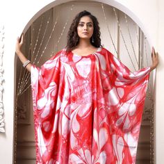 "Modernize your style today With this spectacularly crafte kaftan comprising floral print at front and back side. The round neck of this kaftan grants style statement to you. The back neck and front nec along with side look of the kaftan is an ultimate design of our skillful artists. So what are you waiting for, style up today and mesmerize. One size fits (Small To 8XL) Fabric :- Silky Satin ( The fabric is totally soft, cool, not stick to the body) * Regular Kaftan Length 55\" from shoulder to Designer Kaftan, Kaftan Maxi Dress, Silk Kaftan, Western Outfits Women, Red Floral Print, Abaya Dress, Kaftan Dress, Style Statement, Beach Wear