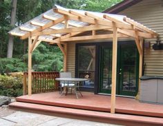 a covered patio with table and chairs on it