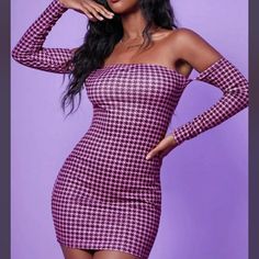 Awesome Off Shoulder Houndstooth Dress Women. "New" Lovely Dress Amazing With Black Sneakers Or Boots Houndstooth Dress, Black Sneakers, Lovely Dresses, Shein Style, Purple Black, Woman Colour, Dresses For Women, Dress P, Purple And Black