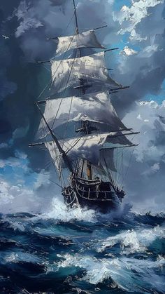 a painting of a sailing ship in the middle of the ocean with storm clouds behind it