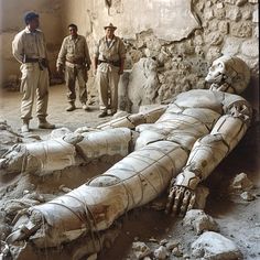 two men standing next to a dead body laying on the ground in an old building