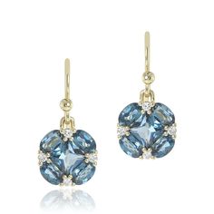 Gump's Signature Blue Topaz & Diamond Quadrille Drop Earrings Luxury Blue Topaz Earrings With Diamond Accents, Luxury Blue Topaz Earrings, Formal Blue Topaz Earrings With Brilliant Cut, Luxury Gemstone Cluster Earrings, Luxury Round Gemstone Cluster Earrings, Formal Blue Topaz Diamond Earrings, Formal Blue Topaz Diamond Earrings Fine Jewelry, Fine Jewelry Topaz Earrings With Prong Setting, Blue Topaz Earrings With Diamond Accents