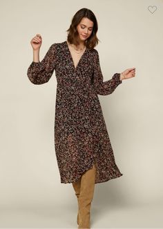 Floral midi dress Black Dresses With Boots, Casual Fall Wedding, Boho Dress Fall, Floral Long Sleeve Dress, Winter Berry, Portrait Dress, Wine Dress, Fall Wedding Guest Dress, Fall Dress Outfit