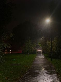 a walkway in the rain at night with street lights