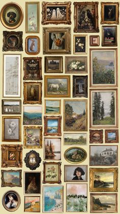 a wall covered in lots of framed pictures