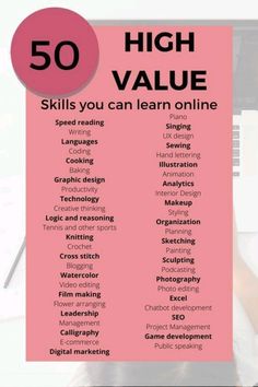 a pink poster with the words 50 high value skills you can learn online on it