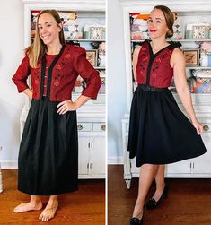 two pictures of a woman in a red shirt and black skirt standing next to a white cabinet