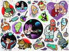 an image of stickers with cartoon characters on them in various colors and sizes, including one