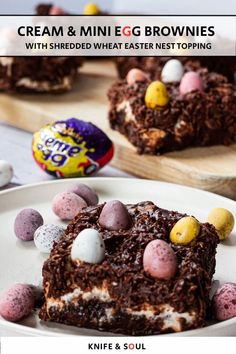 chocolate cake with candy eggs on it and other desserts in the backgroud