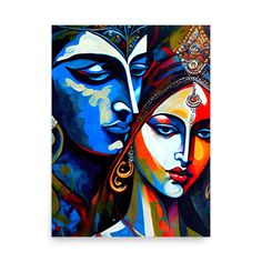 an abstract painting of two people with blue and red colors on their faces, one is holding