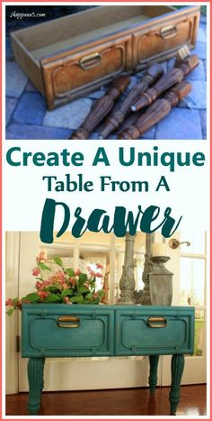 an old dresser has been transformed into a unique table from a drawer