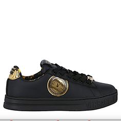 Escription Sneakers Round Toe Lace - Up Logo On Side Logo On Tongue Insole With Logo Rubber Sole Comes With Dust Bag Available In 2 Business Days Materials Leather Colors Main Color: Black Black Logo Plaque Sneakers For Streetwear, Designer Black Sneakers With Logo Plaque, Luxury Leather Sneakers With Metallic Logo, Versace Runners, Versace Sneakers Women, Luxury Black Sneakers With Logo-print Tongue, White And Gold Sneakers, Black And Gold Versace Shoes, Up Logo