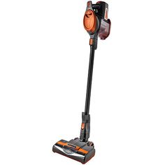 an orange and black cordless vacuum with its head on the handle, in front of a white background