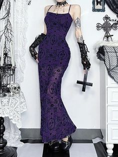 Embrace your inner goth with our Purple Tulip Elegant Dress! The vintage pattern and A-line design perfectly accentuate your bodyline. Made with a polyester-spandex blend, the dress is slightly stretchy and features a slightly see-through pendulum. Be bold and elegant in this unique dress. Elegant purple, Slightly see- Fitted Witchy Corset Dress For Alternative Fashion, Gothic Stretch Dresses For Party, Gothic Bodycon Evening Dress, Halloween Bodycon Dress, Emo Fitted Long Sleeve Dress, Fitted Gothic Dress For Halloween, Fitted Purple Corset Dress For Halloween, Fitted Dress For Halloween In Alternative Fashion Style, Fitted Halloween Dress For Alternative Fashion