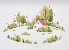 a watercolor painting of a house in the middle of a field with trees and grass