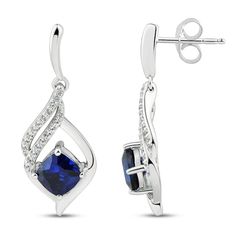 These gorgeous earrings for her feature cushion-cut blue lab-created sapphires set in classic sterling silver. Swirls of round-cut white lab-created sapphires shimmer above to finish the look. The earrings secure with friction backs. Elegant Blue Diamond Cut Earrings, Elegant Blue Round Cut Earrings, Fine Jewelry Blue Sapphire Earrings Lab-created, Fine Jewelry Blue Sapphire Earrings, Blue Sapphire Earrings In Fine Jewelry Style, Elegant Earrings With Diamond Accents And Lab-created Sapphire, Elegant Lab-created Sapphire Jewelry, Elegant Lab-created Sapphire Earrings For Formal Occasions, Elegant Round Lab-created Sapphire Earrings